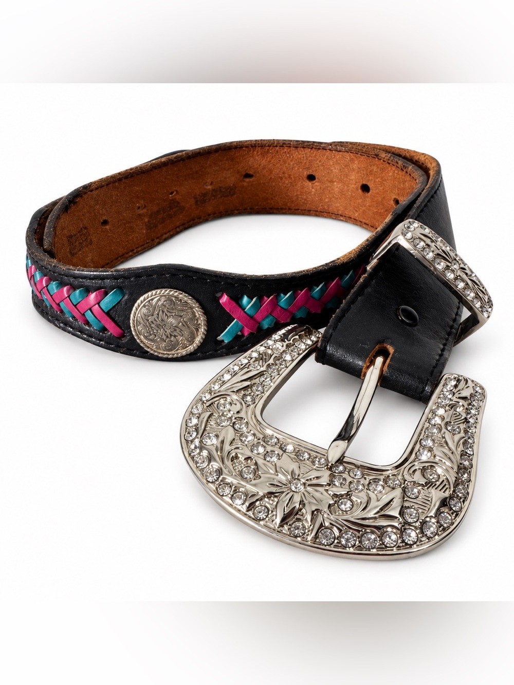 Vintage Western Leather Concho Belt Pink Turquoise Handwoven 32 USA 25”-32.5”